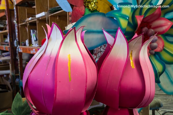 Large flowers created from paper mache for Mardi Gras New Orleans