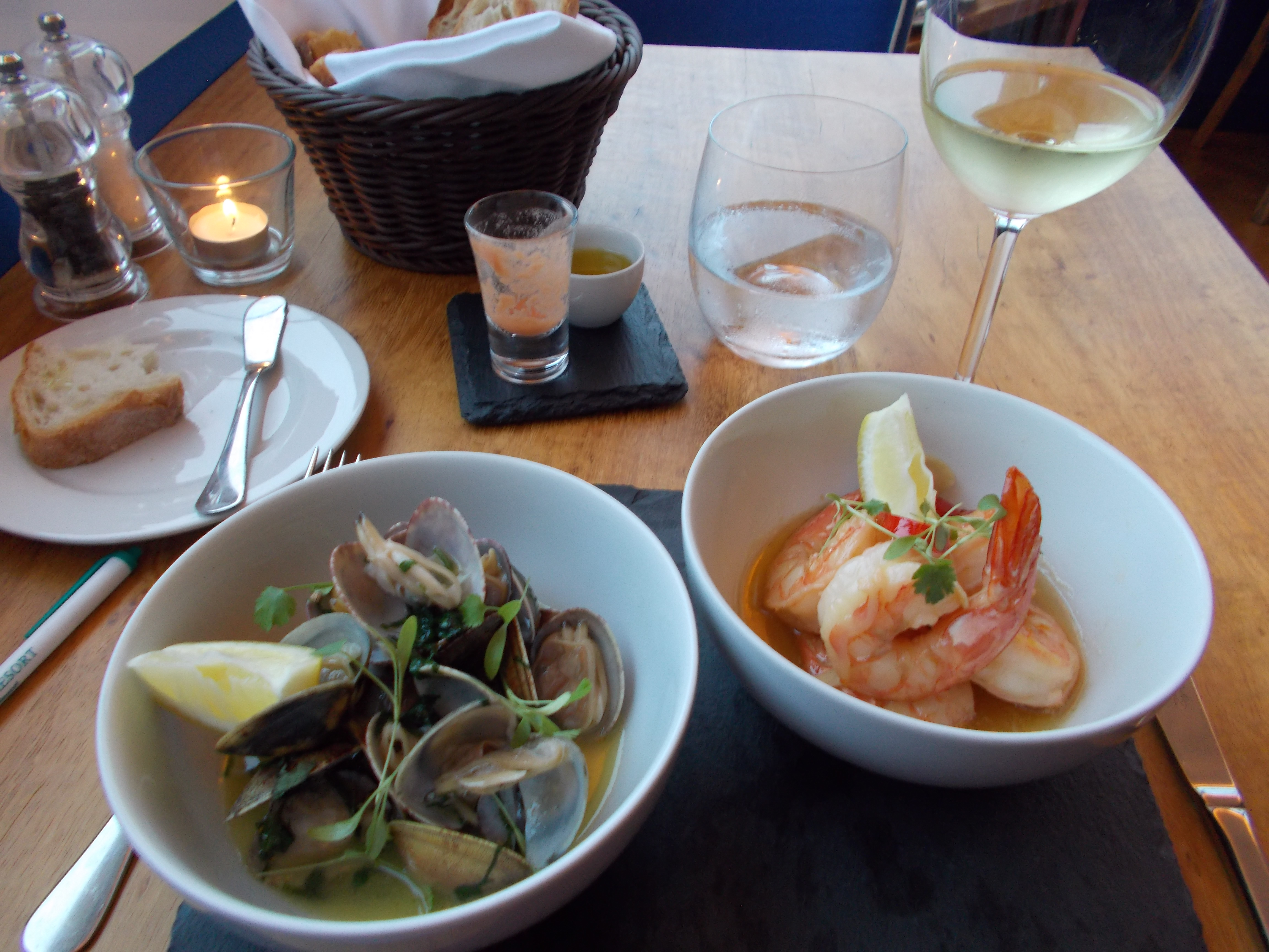 Algarve Clams in Garlic and Cilantro with Prawns Sauteed in Garlic, Chili Pepper and Lemon